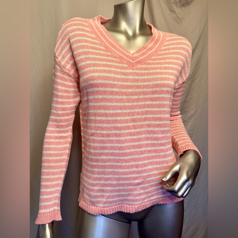 Talbots Linen & Cotton Blend V-Neck Pink & White Stripped Long Sleeve Sweater